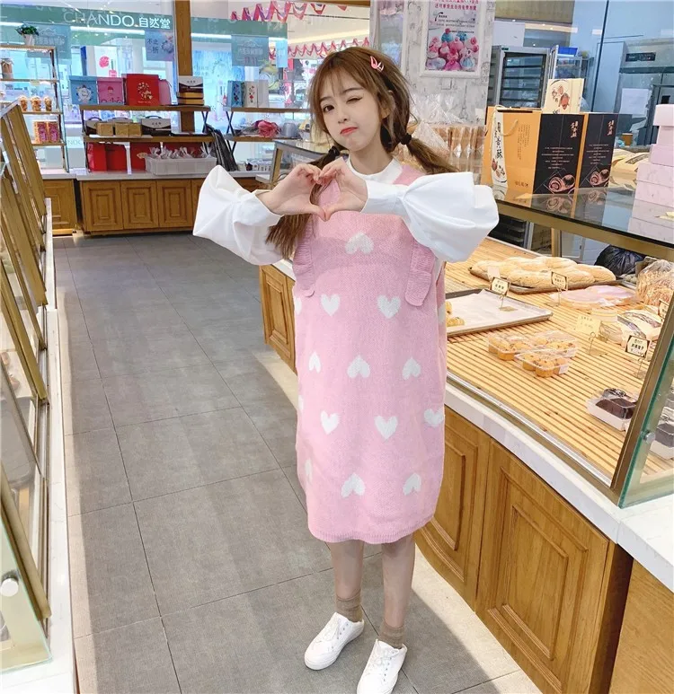 New Cute Sweater Vest Skirt Women Fall and Winter Wear Love Long Knit Vest Skirt Add Stand Collar Lantern Sleeve Women Blouse