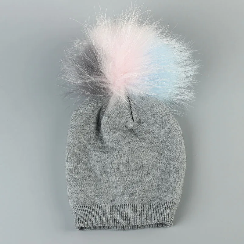 Осенне-зимняя шерстяная шапка Skullies Beanies с енотовым настоящим помпоном для новорожденных, мешковатая шапка для маленьких девочек и мальчиков, шапочка - Цвет: Light Grey 3C-1