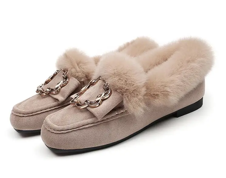 936-2-khaki2 Пушистые лоферы с натуральным мехом; балетки на плоской подошве; женская зимняя обувь из флока; коллекция года; Мокасины без шнуровки; обувь на плоской подошве из плюша в горошек - Цвет: 936-2-khaki2