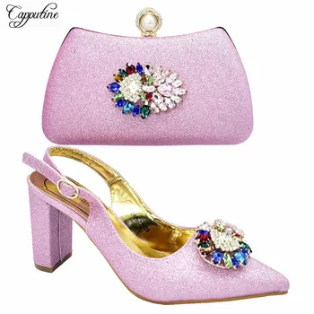 

Fashion pink spring/autumn design pointed toe sandal shoes matching with bag set for lady 688-18 heel height 8.5cm