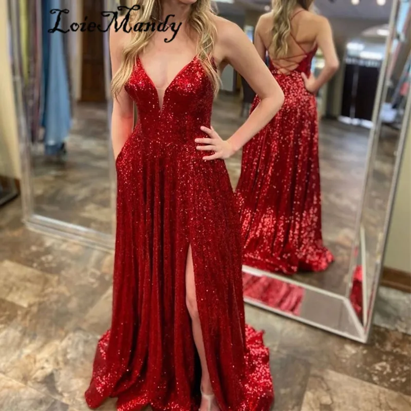 

V-neck Red Evening Dresses Long 2022 Glitter Sequined Formal Prom Party Gowns With Pocket High Split Vestidos de fiesta de noche