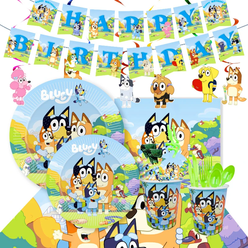 Juego de vajilla desechable con dibujos de perros, bolsa de regalo, tazas, decoraciones, suministros de baño para bebé, Bingo, Bluey, Fiesta Temática, novedad