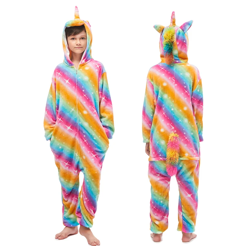 New Winter Unicorn Pajamas For Children Animal Pyjamas Kids Panda Stich Onesie Boys Girls Sleepwear Unicornio Jumpsuit - Color: Rainbow Pegasus