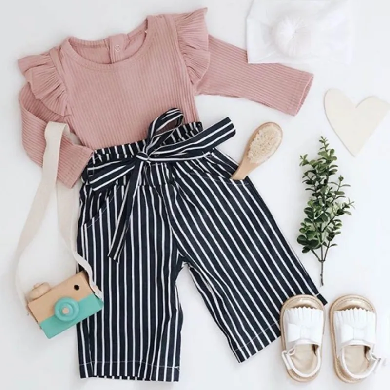 

2019 New Autumn Baby Girl Adorable Long Sleeve Romper Tops Stripe Print Trousers Outfits Autumn Clothes
