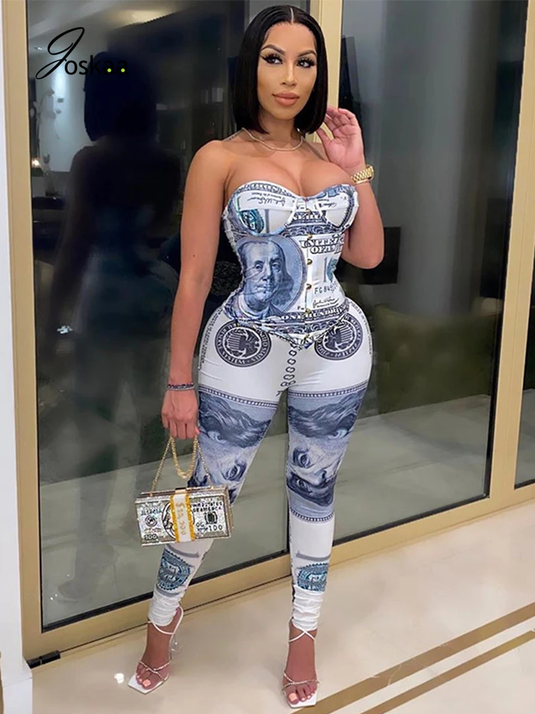 

Joskaa One Piece Outfit Women Autumn Y2k Off Shoulder Bodycon Corset Dollar Money Print Legging Jumpsuits Sexy Vacation Clubwear