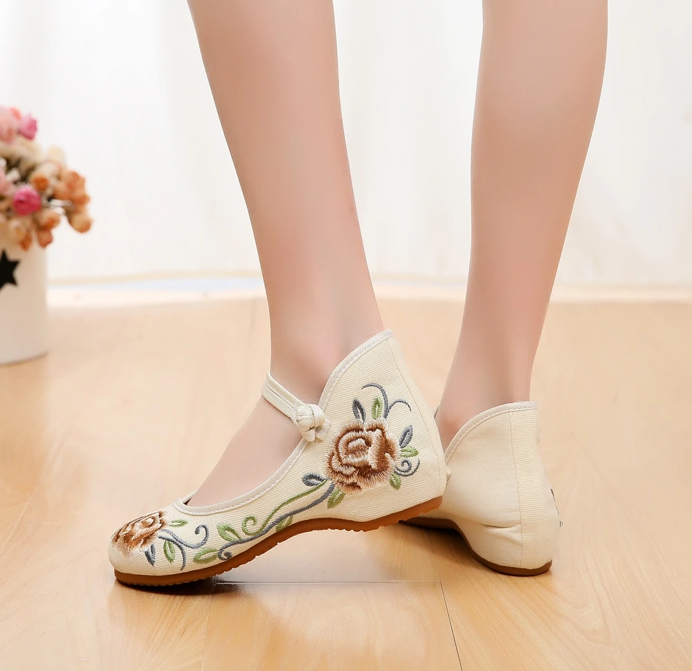 Veowalk Ankle Strap Women Canvas Embroidered Ballet Flats, Chinese Style Ladies Casual Comfort Walking Shoes Cotton Ballerinas