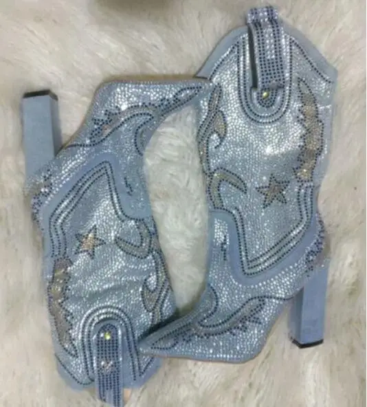 Bling мульти с украшением в виде кристаллов Полный Стразы просверленные в виде пентаграммы джинсовые ботинки острый носок не сужающийся к низу каблук ботинки martin Zapatos рыцарские сапоги