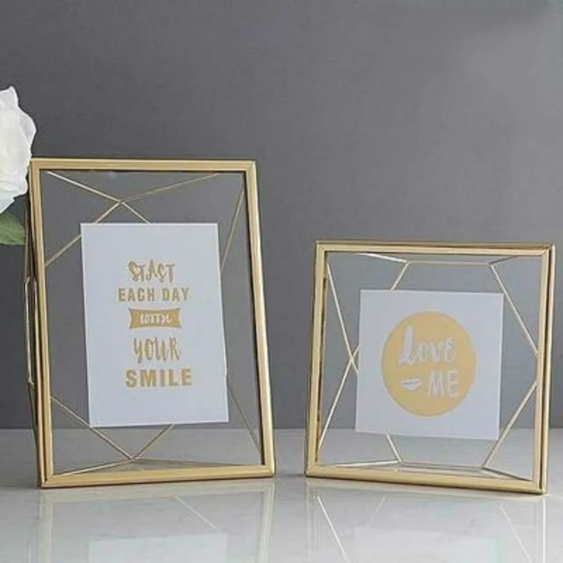 

ооѬамка Photo Frame Nordic Golden Diamond Geometric Square Metal Glass Frame Set Table 6 "8" Creative Frame Plant Decorations