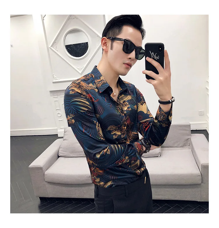 Мужская рубашка Chemise Homme с животным принтом, модная винтажная рубашка для мужчин, Camisa Masculina, приталенная, для клубной вечеринки, выпускного вечера, с принтом