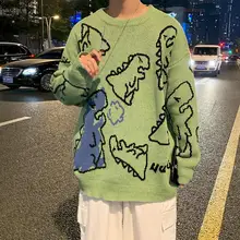 Aliexpress - Spring and Autumn Dinosaur Cartoon Pattern Knitted Sweater Japanese Color Couple Loose Round Neck Sweater men clothes 2021
