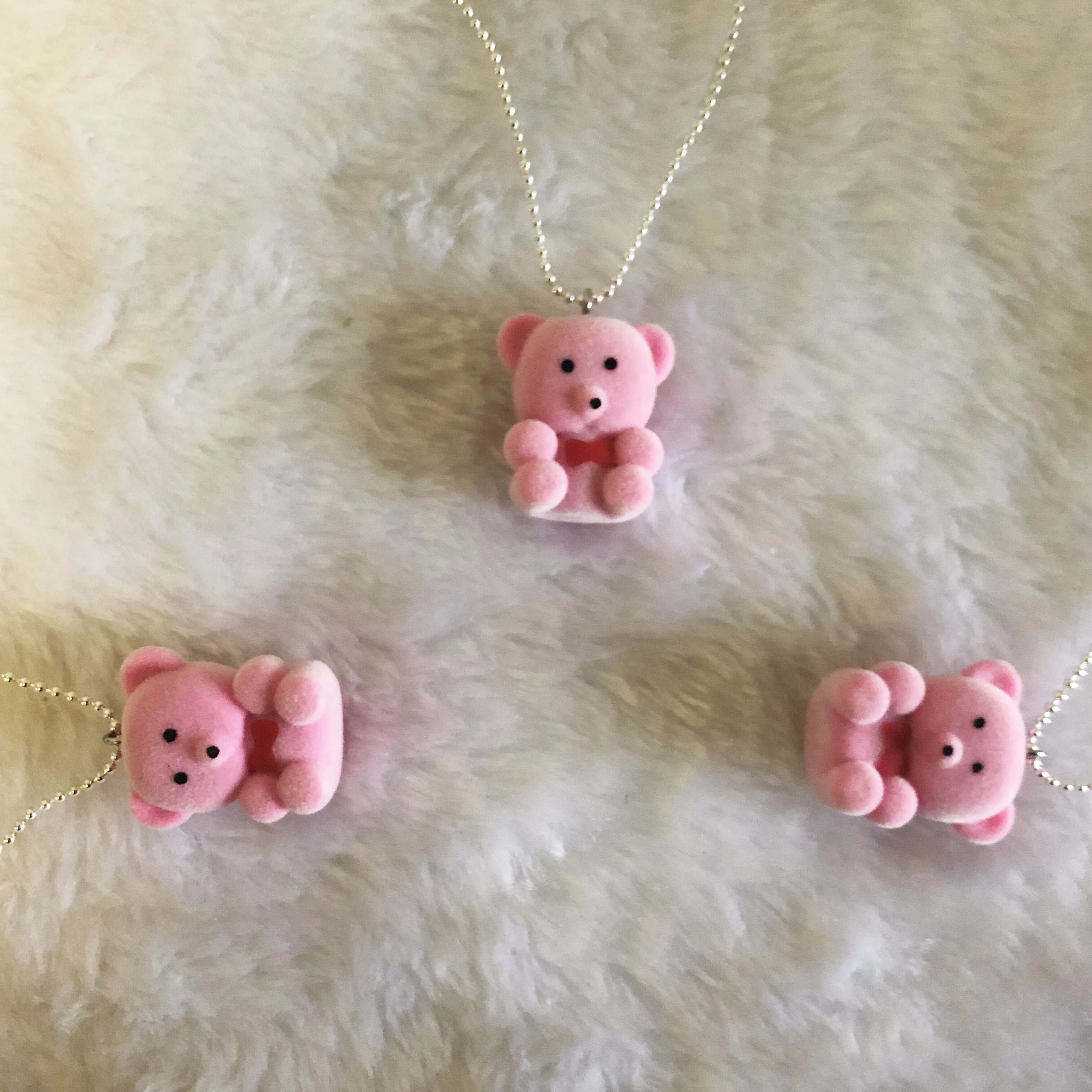 3 Pcs Cartoon Bear Neacklace with Ribbon  Kawaii Plush Flocked Bear Pendant Necklace Candy Color INS Style Neacklace