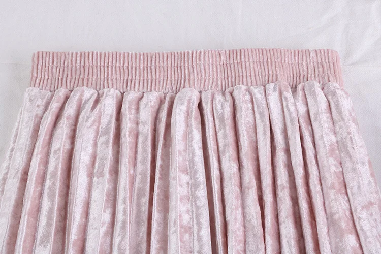 winter elastic stretchy high waist midi pleated a line velvet skirt for women warm thermal womens skirts ladies saia saias pink