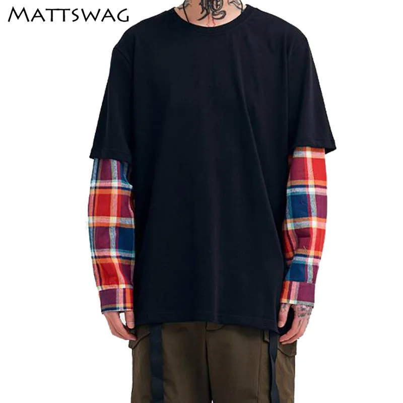 

MATTSWAG Retro Plaid Patchwork Mens Pullover Hip Hop Fake Two Pieces Mens Sweatshirt Autumn Casual Japanese Male Streetwear
