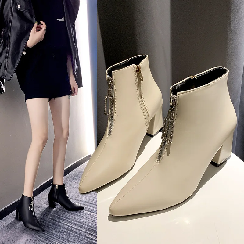 

Autumn And Winter Chunky Heel Pointed Retro Ankle Boots Metal Man-made Diamond Front Zipper Fashion Boots Women's High-Heel Eleg