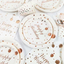 Bronzing Rose Gold Party Tableware Happy Birthday Paper Plates Cups Napkins 1 Year Birthday Party Favors Decoration Kids Adult