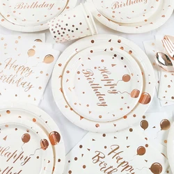 Bronceado Rosa dorados fiesta vajilla papel Feliz cumpleaños placas tazas servilletas 1 año cumpleaños partido favores decoración niños adultos