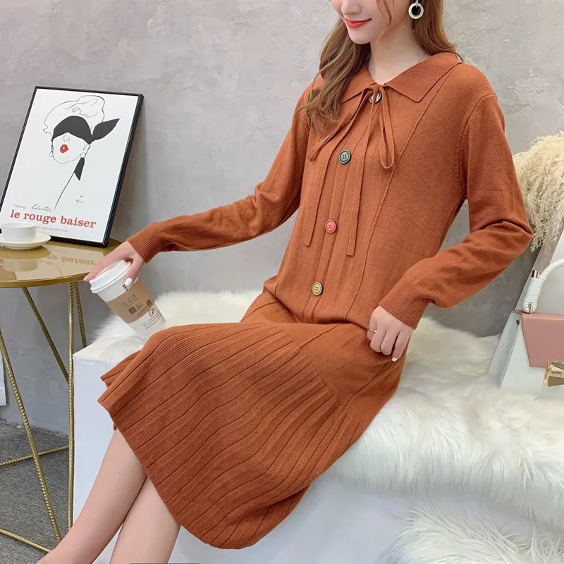 

12763 (room 4, row 6, row 1)Long and medium-length dress in new style square tie and button knitted sweater55