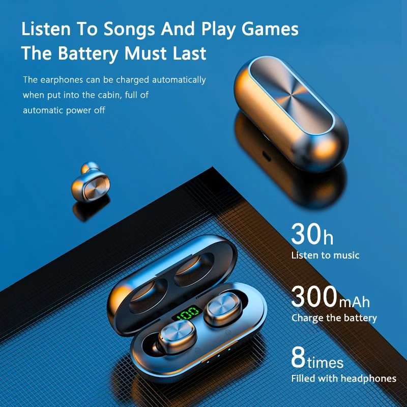 TWS Bluetooth Earphones Streo Wireless Earbuds with LED Power Display Case 3D Stereo Sound IPX5 Waterproof Whit Charging Box