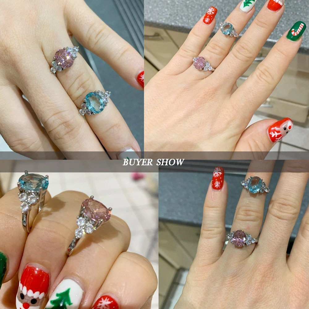 Women's Jewelry Silver Plated Rings White Pink Light Blue Champagne Zircon Oval Wedding Ring - 6