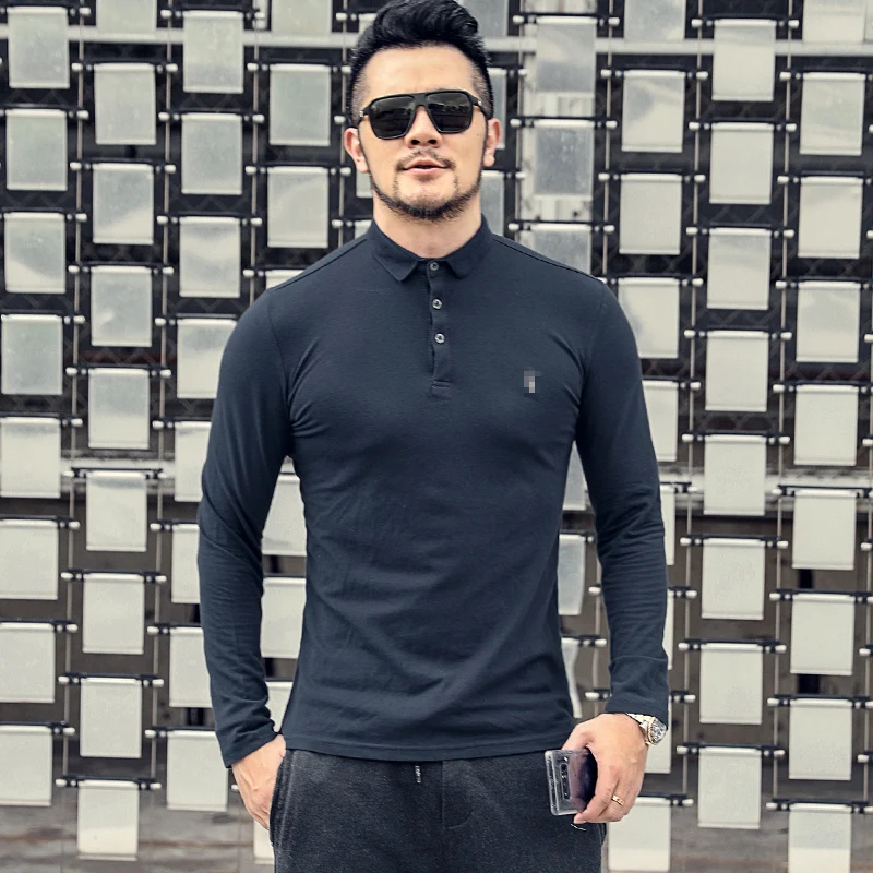 Günstige Mann Spezielle Stickerei Baumwolle Elastische Wulst männer Dekoration Langarm Polo Shirt Drehen über Lange Hülse T shirt PL 93