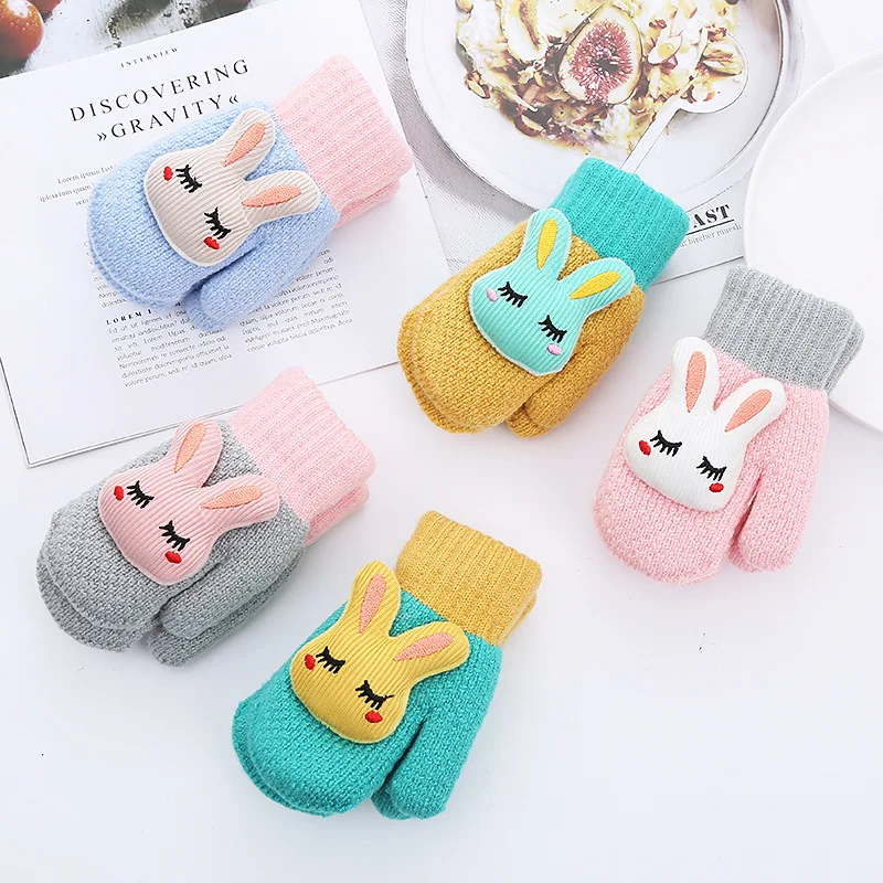 Kids Warm Gloves 1-7T Cute Cartoon Rabbit Baby Boys Girls Gloves Winter Knit Wool Newborn Mittens Outdoor Hanging Neck Mitten christmas snowflake touchscreen five finger gloves for women knitted wool student outdoor winter warm cute fingertip mittens