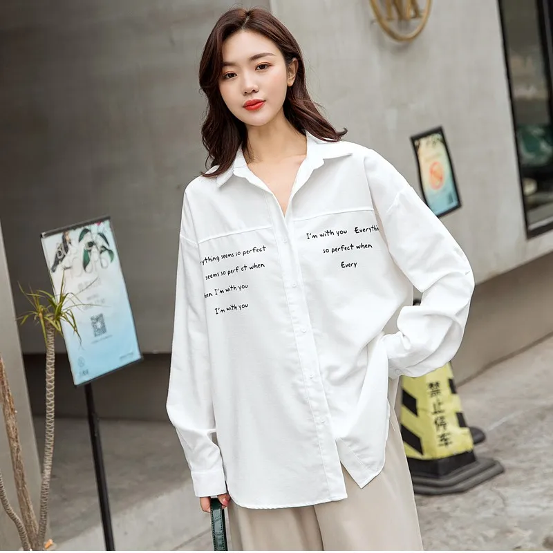 Simple Casual Lapel Shirt Women Letter Print Loose Blouse Spring Autumn Long Sleeve White Shirts 2020 New