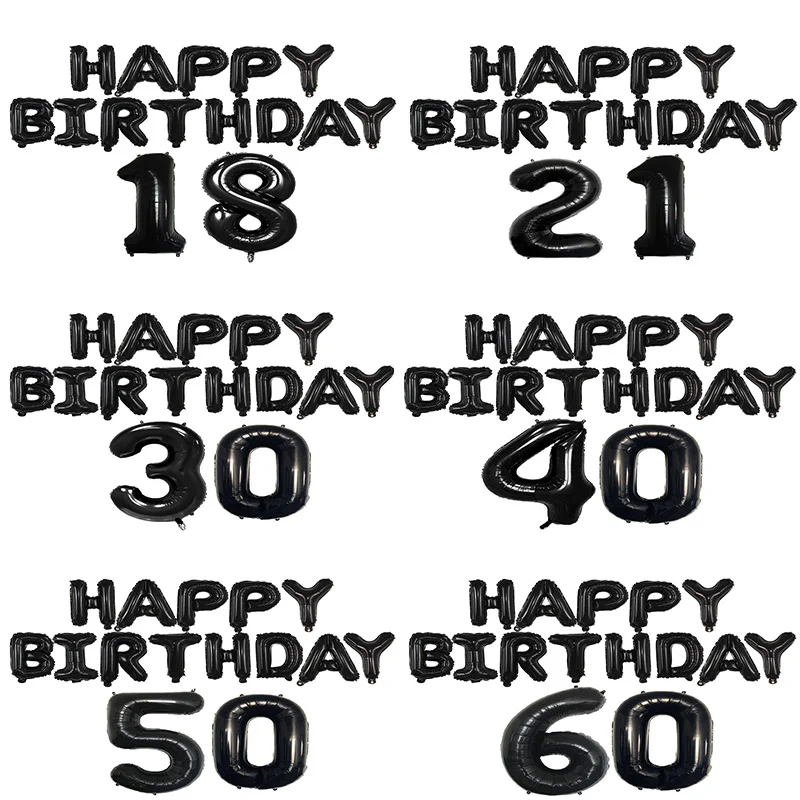 15pcs/set Rose Gold Silver Black Number 18 21 30 40 50 60 and Happy Birthday Letter Balloons Adult Birthday Party Helium Ballon
