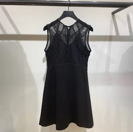 Black Кружевное лоскутное женское платье с круглым вырезом без рукавов, черное платье осень-зима, внутреннее платье - Цвет: Black