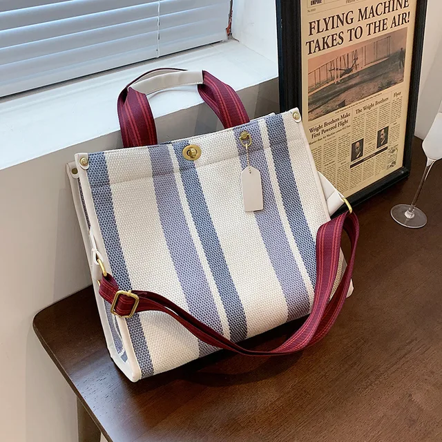 Fashion Striped Canvas Women Shoulder Bag Big Capacity Shopper Bags For Women Casual Wide Strap Handbag Women's Bag Commute Tote Blue