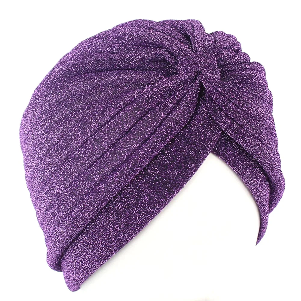 Женские блестящие серебристые золотые повязки на голову с узелком, шапка-тюрбан, мусульманские теплые шапки на осень и зиму, головные уборы, уличная одежда, женские индийские шапки - Цвет: Фиолетовый