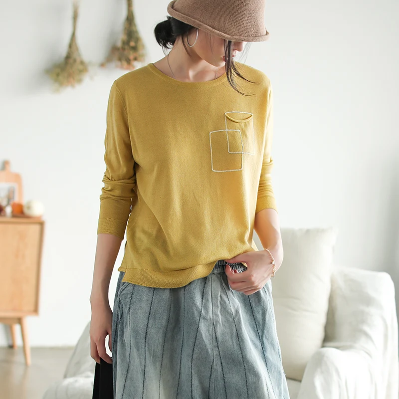 Женская футболка осенние модные вязаные пуловеры новые свободные Женские кофты с круглым вырезом с длинными рукавами Повседневная футболка Mori girl - Цвет: Цвет: желтый