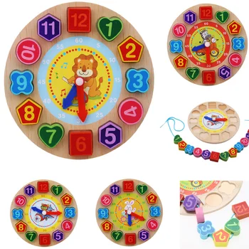 

Hot Infant Kids Wooden Cognitive Digital Clock Assembling Toys Wooden Watch Jigsaw Puzzle Toys Cartoon Threading Assembly Puzzle