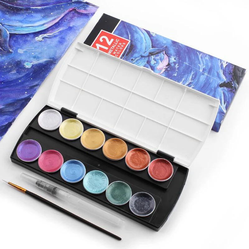 

12 Color Gold Paint Watercolors Metallic Watercolor Paint Set With Water Brush for Painting Watercolor Pigment Art Supplies