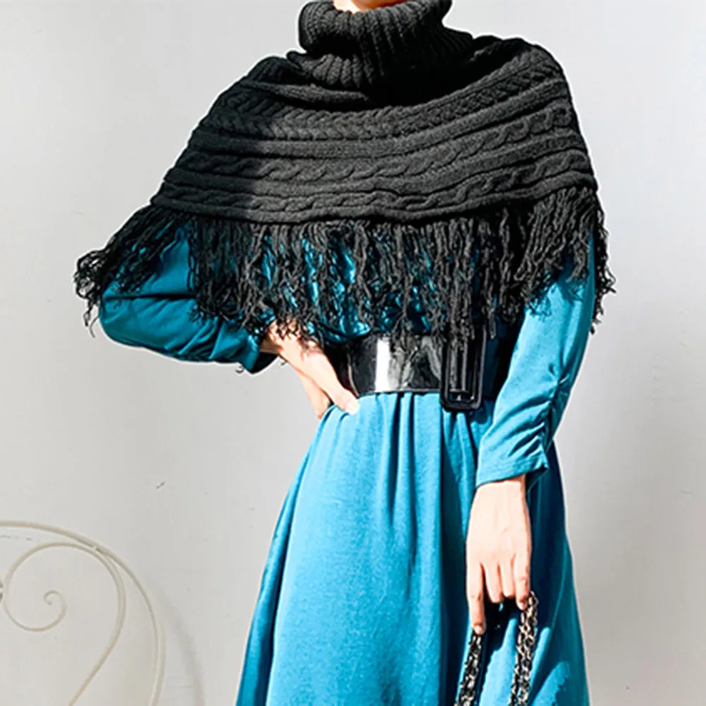 

Nordic Retro Fringed Turtleneck Knit Short Sweater Cape Women Winter Warmth Cape Vintage Female Casual Scarf