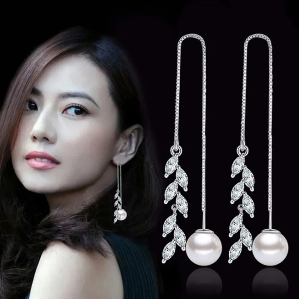 

NEHZY 925 sterling silver new woman jewelry Cubic Zirconia Imitation pearls Leaf petals cutout tassel earrings long sectio