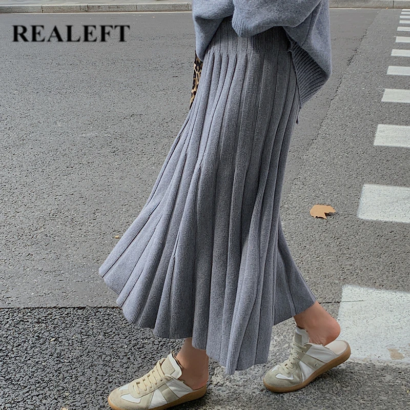 

REALEFT Thicken Knitting Long Pleated Skirts New 2020 Autumn Winter Women Solid High Waist Umbrella Skater Long Skirts Female