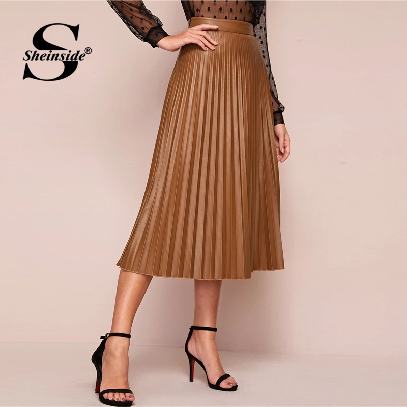 Sheinside Camel элегантная плиссированная Женская юбка из искусственной кожи Весенняя юбка миди с высокой талией Женская однотонная повседневная юбка на молнии