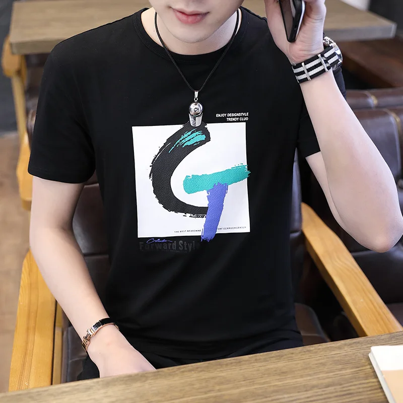 

MEN'S WEAR 2019 Spring And Summer New Style 95 Cotton 5 Urethane Elastic Fibre T-shirt Ice Porcelain Cotton Large Size Lettered