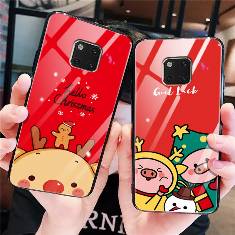 

Christmas Cartoon Tempered Glass Case For Huawei Honor 9X 8X 7A 20 P20 P30 Mate 10 20 30 Lite Pro P Smart Y6 Y9 2019 2018 Covers