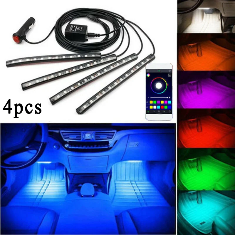 4 шт. DC12V автомобильный интерьер 5050 светодиодный RGB многоцветный светильник с полоской для атмосферного телефона ПРИЛОЖЕНИЕ управление музыкой комплект Автомобильный интерьер декоративный светильник