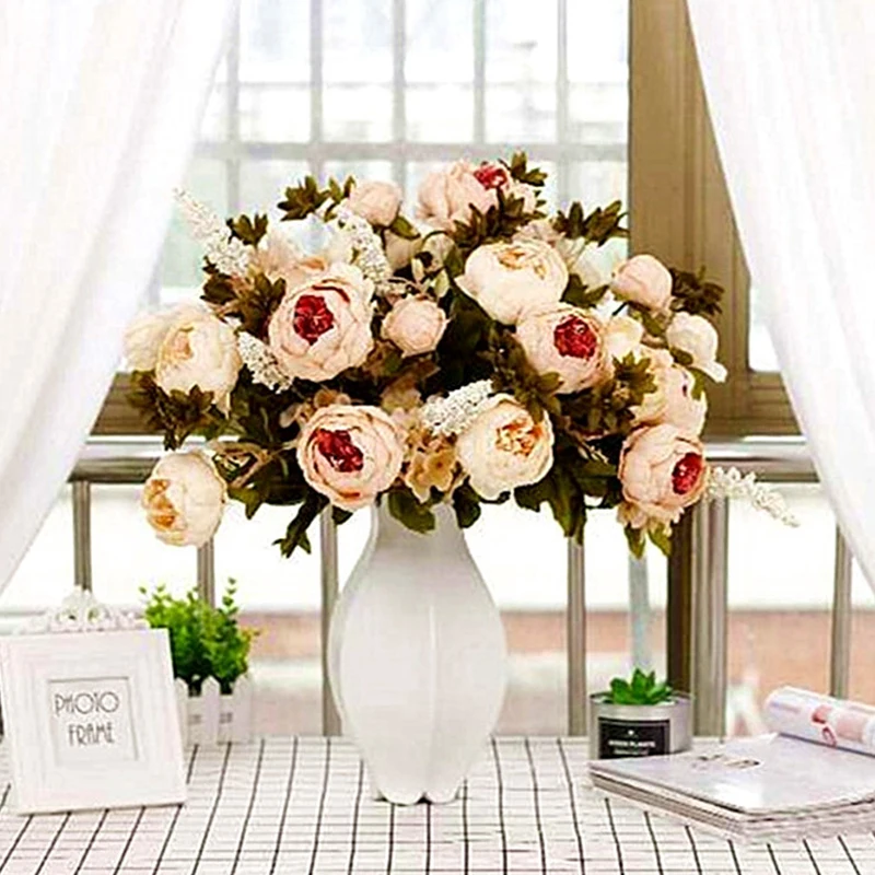 

13Heads/1 Bundle Silk Artificial Flowers Handmade Peony Bride Bouquet for Christmas Home Wedding New Year Decoration Fake Plants