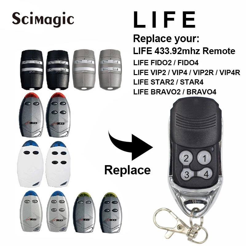 LIFE FIDO 2, FIDO 4, VIP 2, VIP 4 control remoto para puerta de garaje reemplazo 433MHz transmisor remoto de código rodante