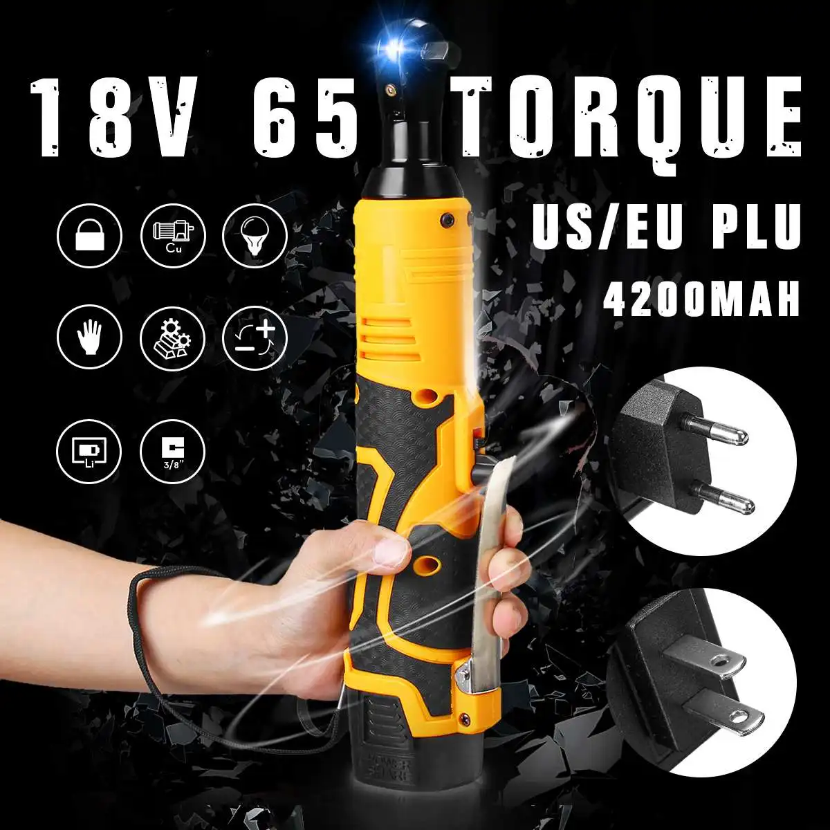 

18V 4200mah 3/8 "Ratchet Rechargeable Power-Cordless Ratchet Wrench Li-ion Electric Wrench Torque 65 Anti-Slip Grip with LED