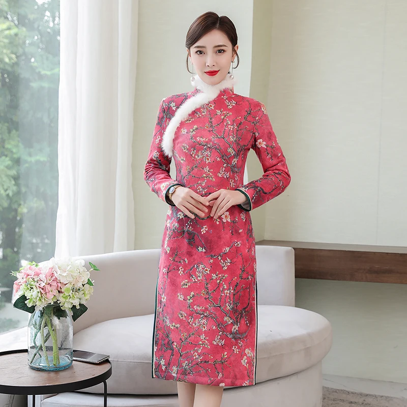 

2020 floral women chinese style midi dress jacquard rabbit hair warm dresses elegant lady warm qipao party dress