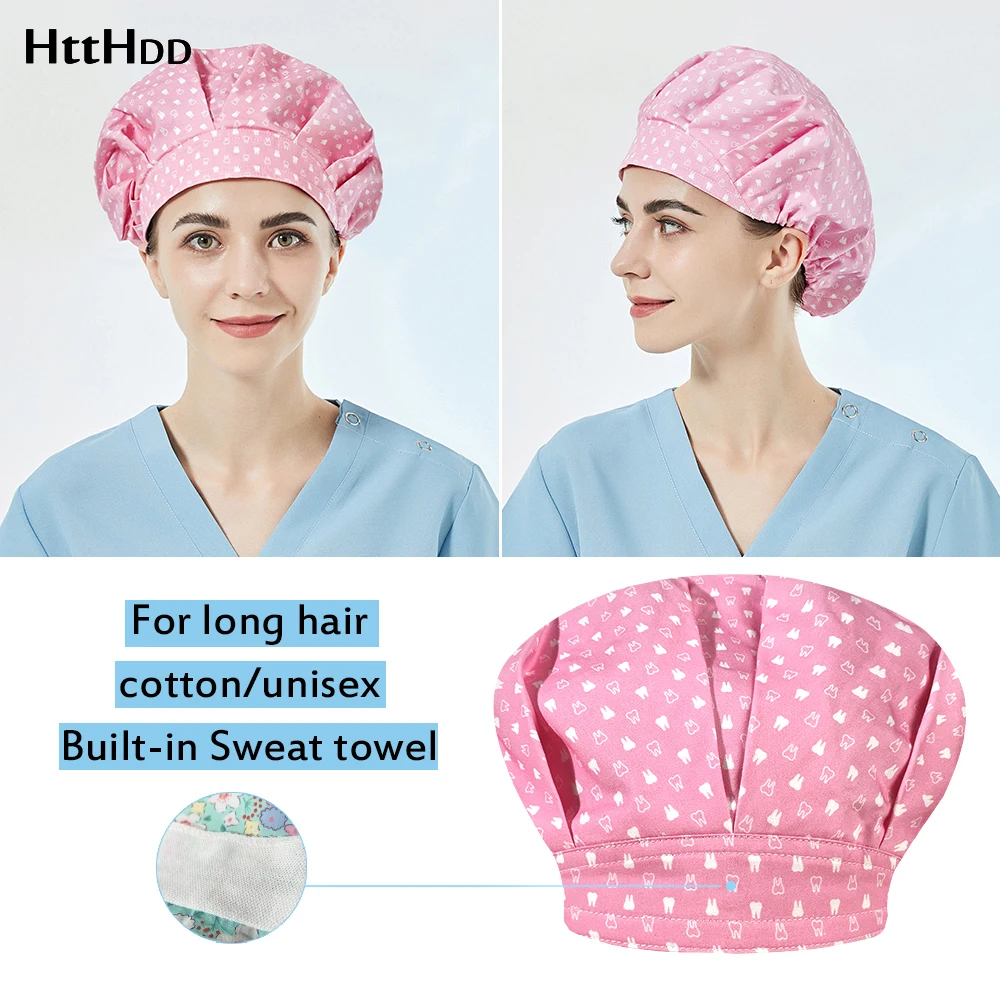 

wholesale Built-in Sweat towel Tooth cleaning work scrubs caps cartoon printing scrubs caps Nutritionist adjustable tail hats
