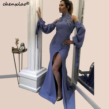 

New Listing Evening Dress Long Lantern Pearls Sleeve Split Front Floor Length Skinny Evening Dresses Formal Gowns Vestidos