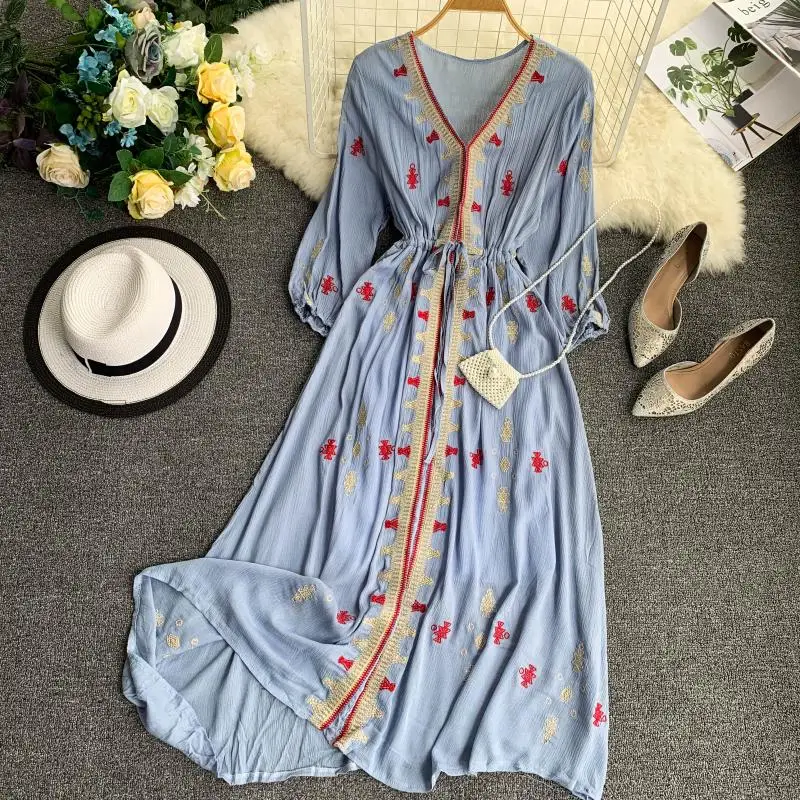 Ethnic Women Boho Beach Dress Long Sleeve V Neck Embroidery Flower High Waist Red Long Holiday Dress