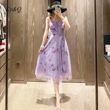 

2020 New Sexy Women Summer Sling Dress Purple Mesh Chiffion Sleeveless Slim A-line Long Dress Vestidos Party Clothes