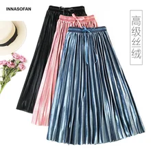 INNASOFAN, плиссированная бархатная юбка, женская, осень, весна, длинная юбка, высокая талия, модная, элегантная, шикарная, Однотонная юбка
