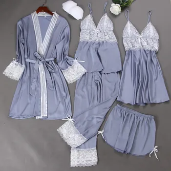 

Kimono Bathrobe Gown Satin 5PCS Pajamas Suit Female Strap Top&Pants Lace Patchwork Bride Wedding Gift Pijamas Sexy Home Clothes